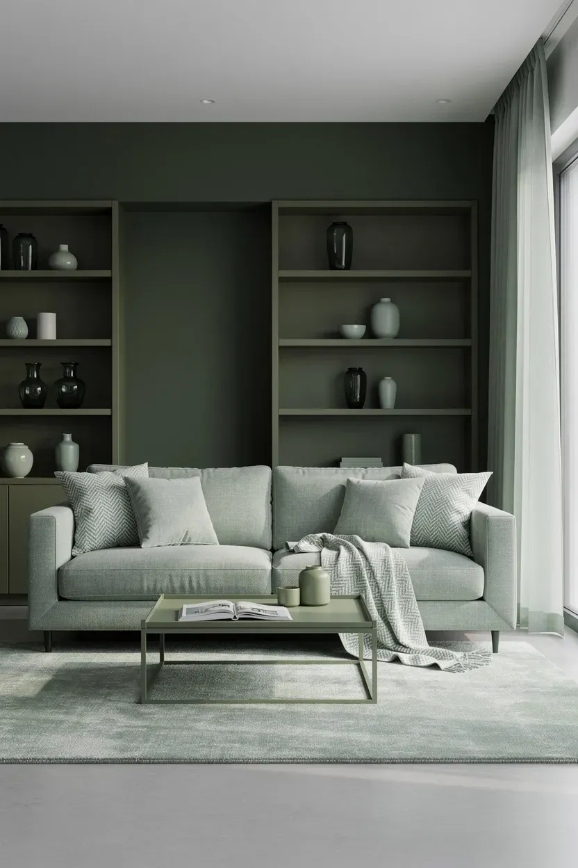 A serene living room decorated in various shades of green.