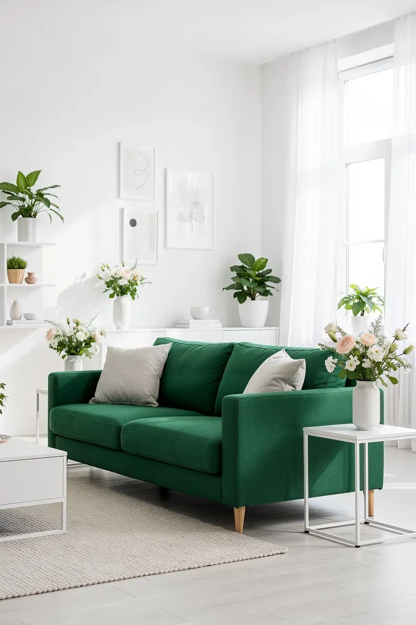 A modern living room with bright white walls and a green sofa.