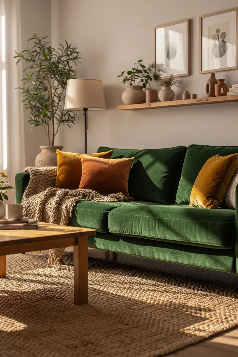 A cozy living room featuring a green couch with various textures.