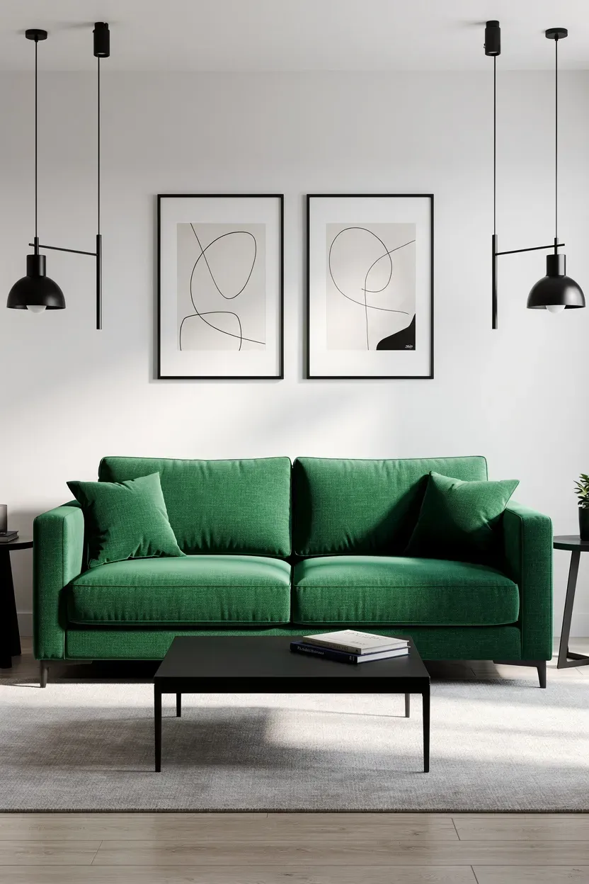 A modern living room with a green sofa and bold black accents.