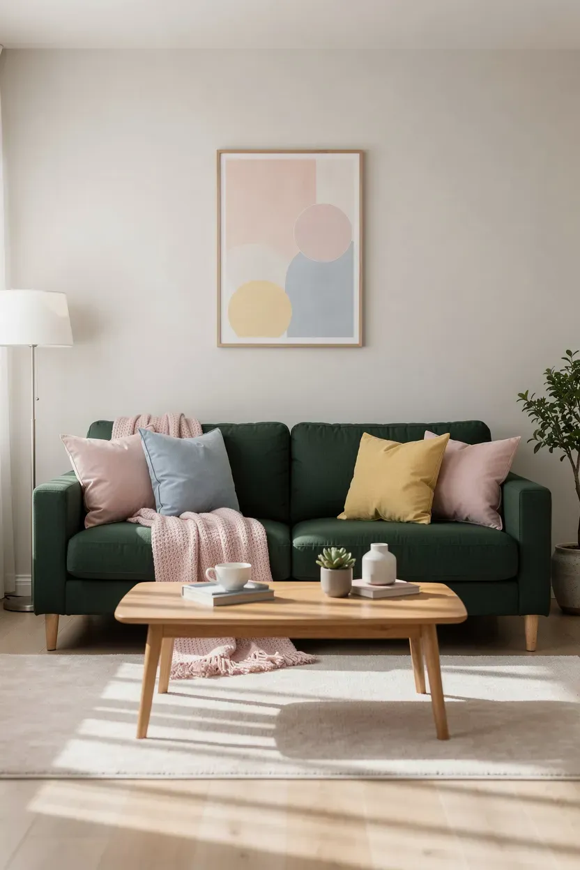 A cozy living room with a dark green sofa and soft pastel decor.