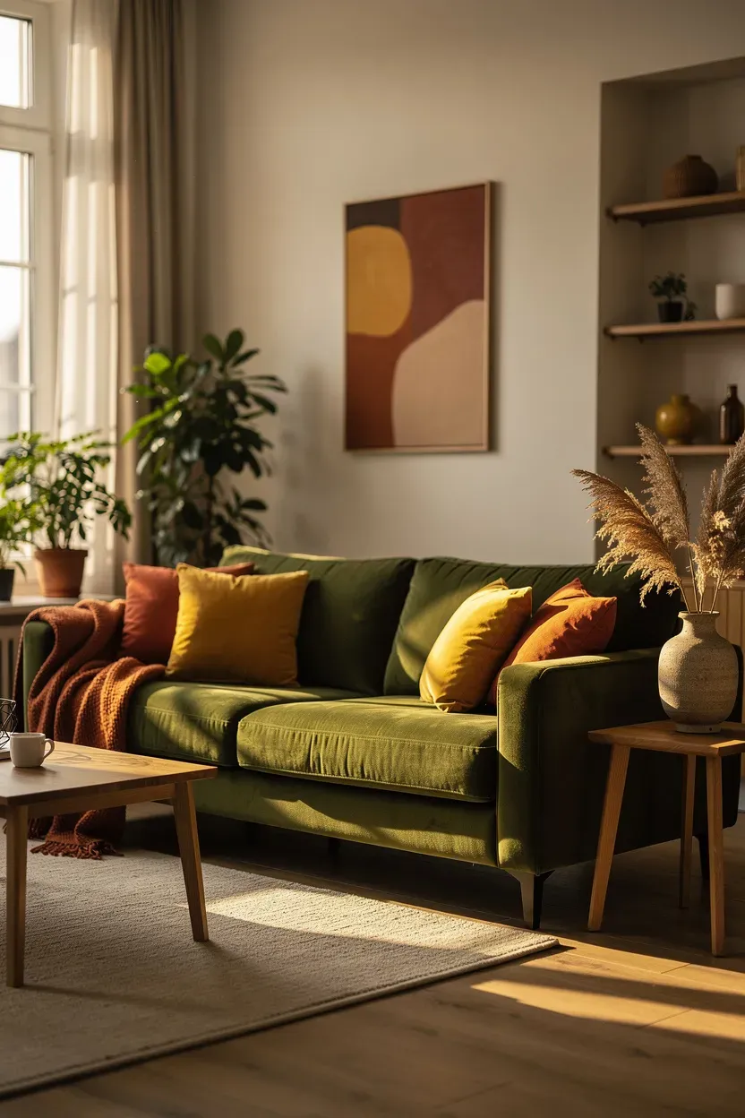 A warm living room featuring an olive green sofa with earthy decor.