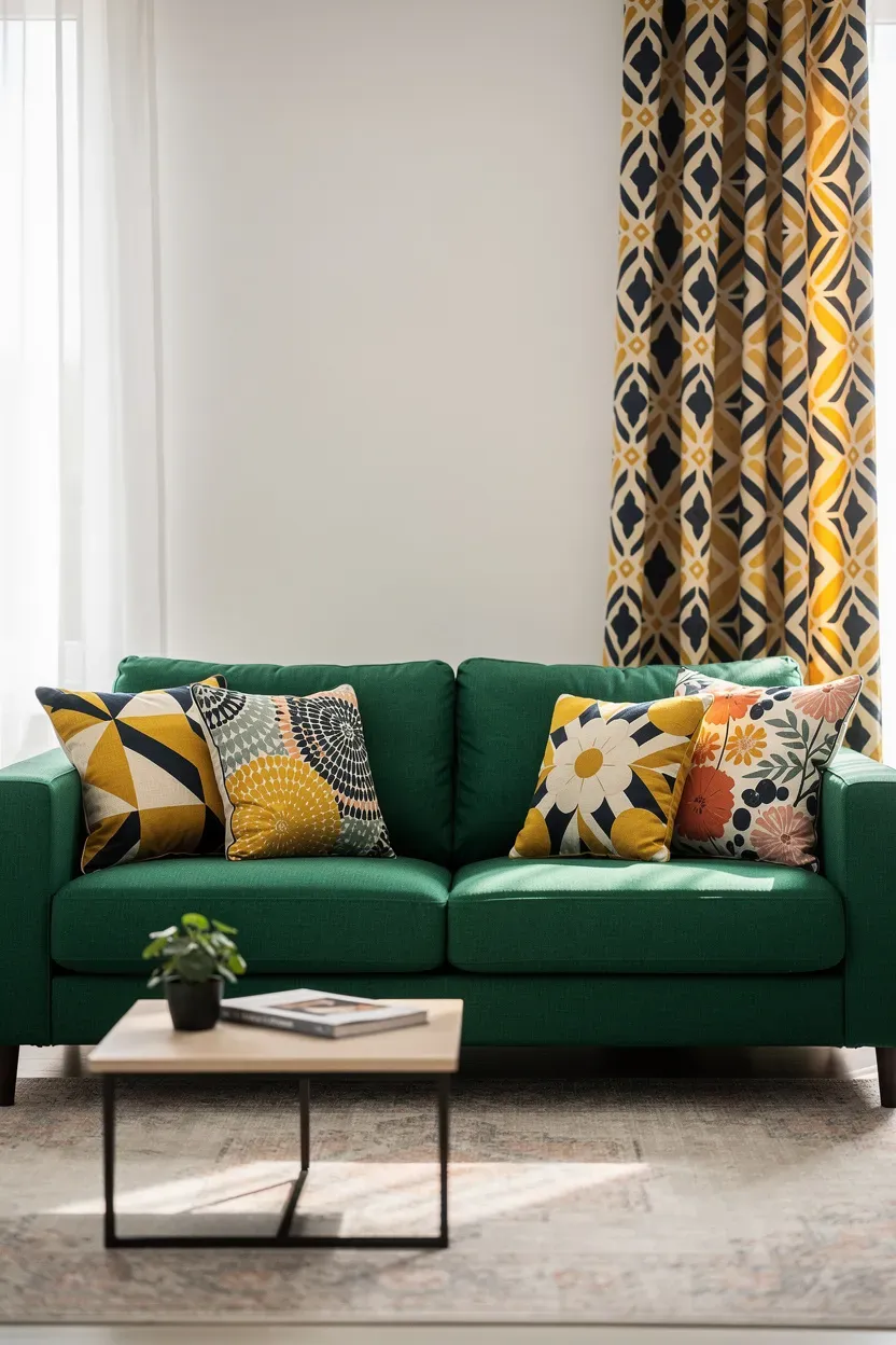 A lively living room featuring a green couch and bold patterned decor.