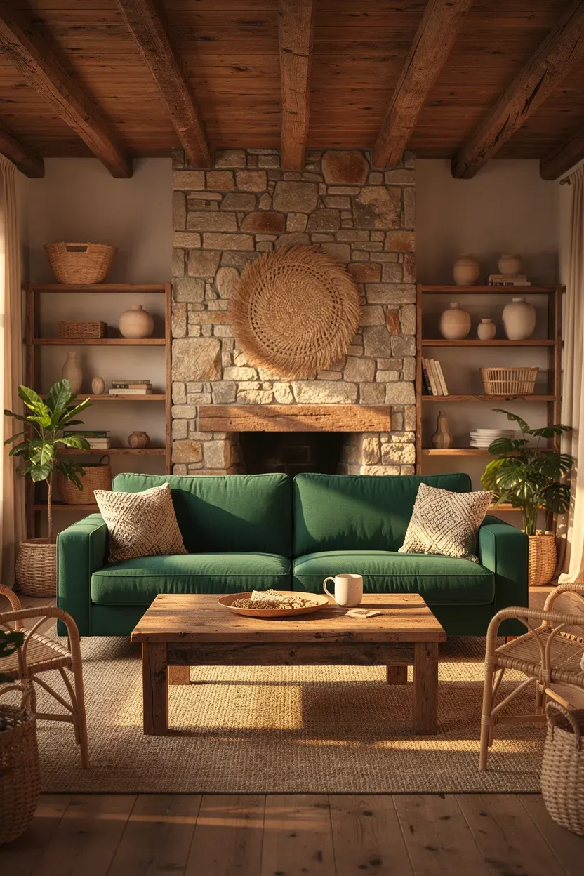 A rustic living room featuring a green sofa with natural materials.