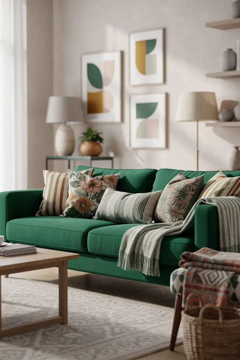 A dynamic living room featuring a green sofa layered with various patterns.