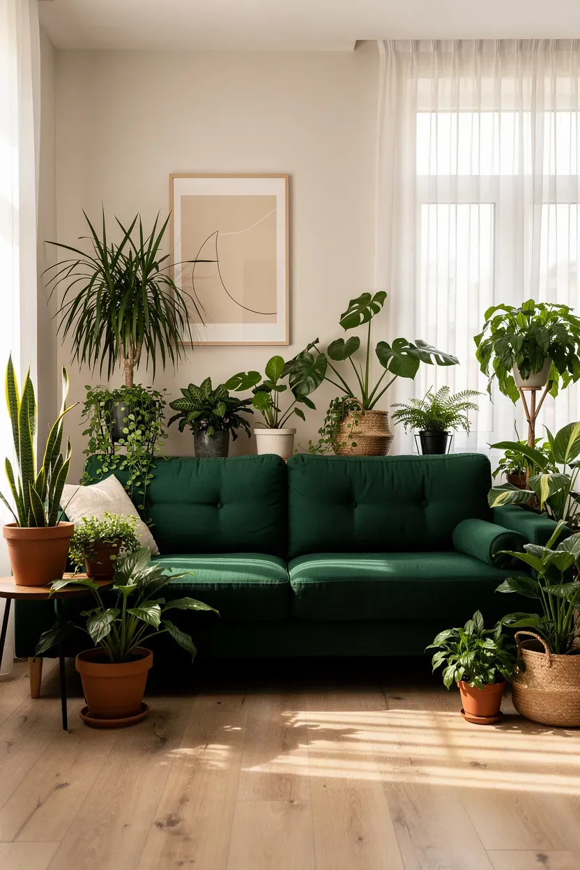 A vibrant living room featuring a green sofa and various indoor plants.