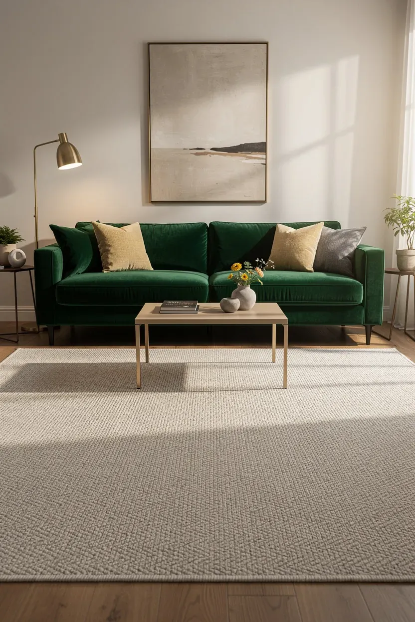 A stylish living room featuring a green sofa and a neutral rug.