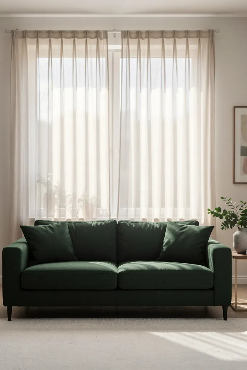 A bright living room featuring a dark green sofa with light curtains.