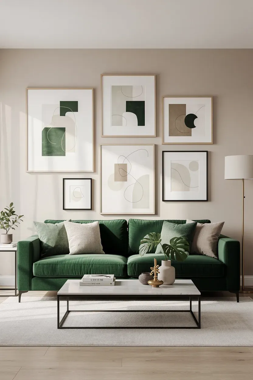 A stylish living room featuring a green sofa with artwork that ties the decor together.