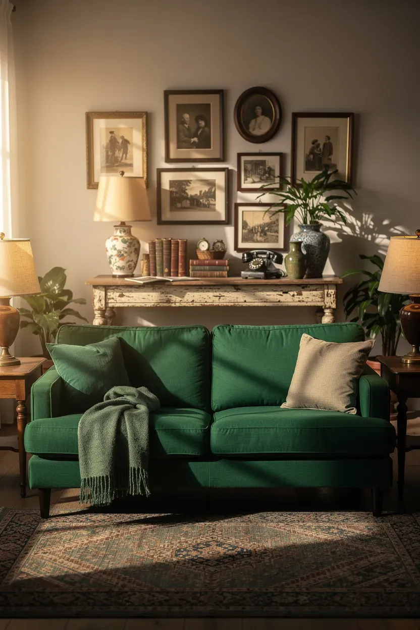 A cozy living room featuring a green sofa with vintage decor.