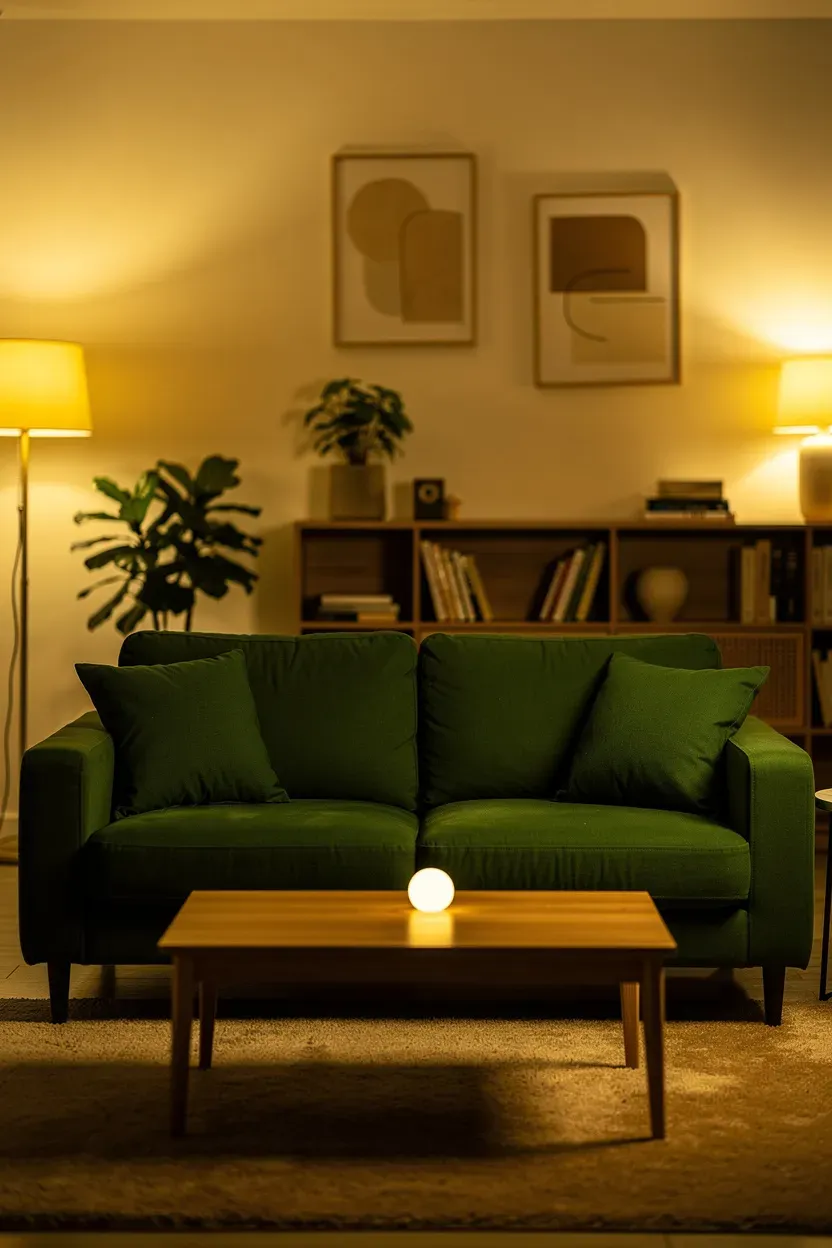 A warm living room featuring a green sofa illuminated by soft yellow lighting.