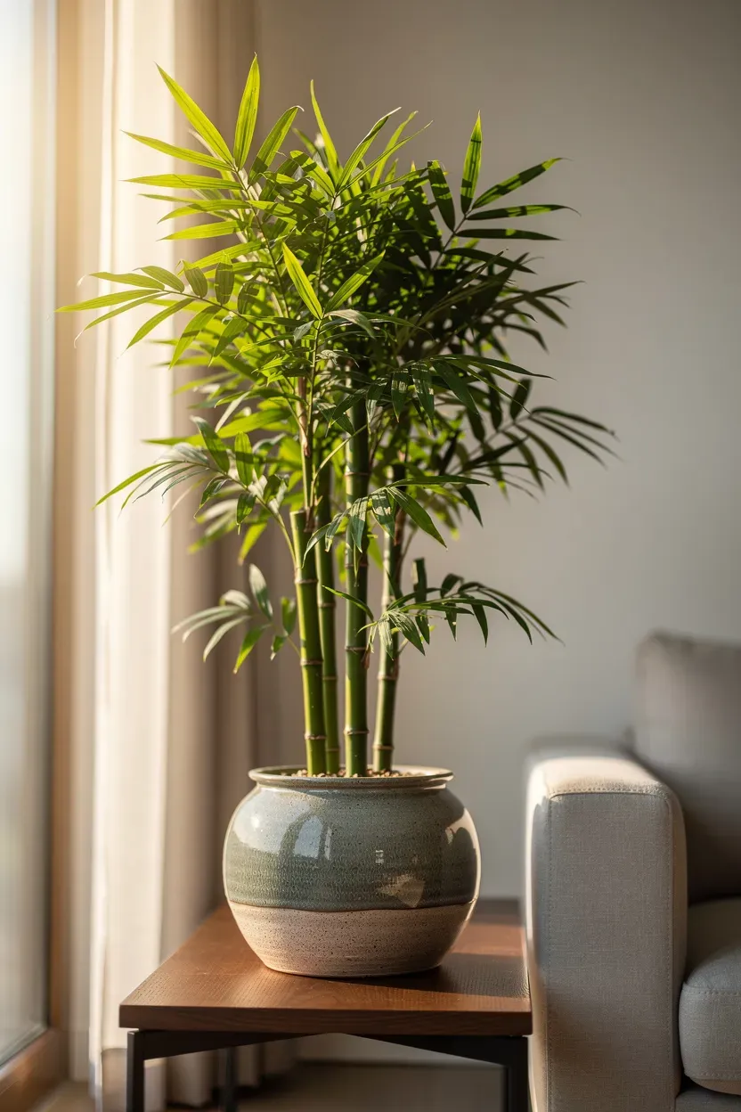 A lush bamboo plant in a decorative ceramic pot in a bright room.