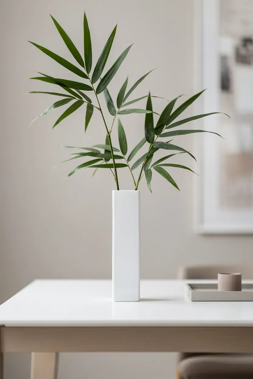 Chic bamboo leaves in a tall minimalist vase on a stylish table.