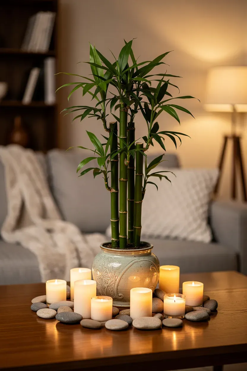 A Chinese bamboo plant as a centerpiece on a dining table surrounded by candles.