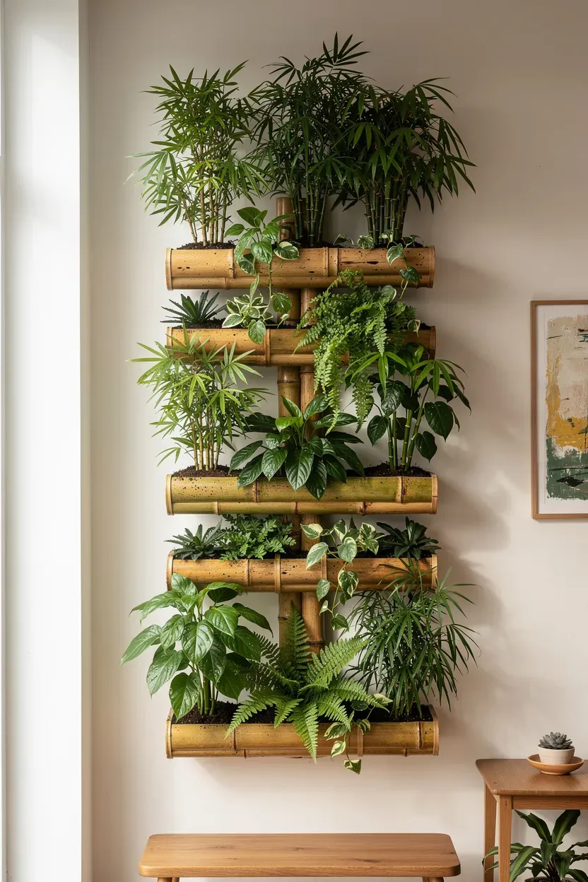 Layered bamboo planters creating a vertical garden effect against a wall.