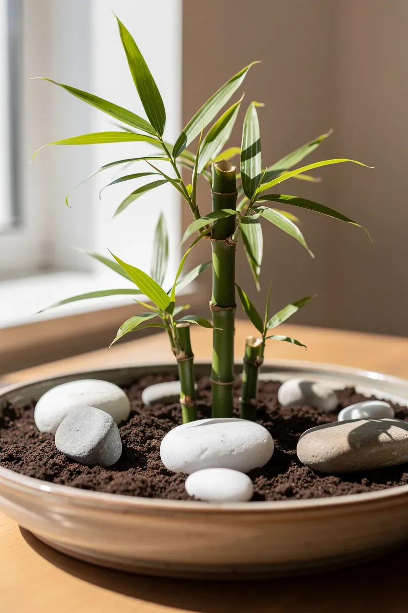 A serene mini bamboo garden in a shallow tray with stones.