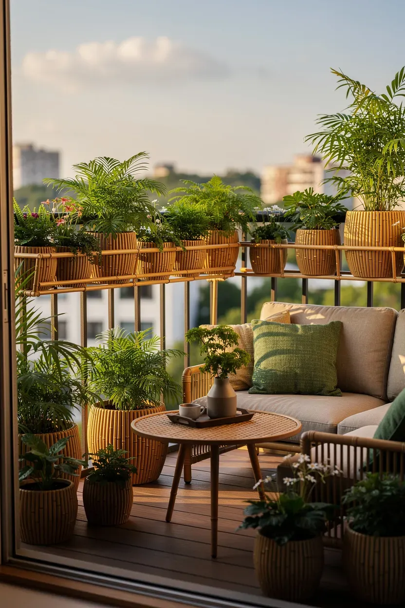 A cozy balcony with various bamboo pots creating a lush environment.