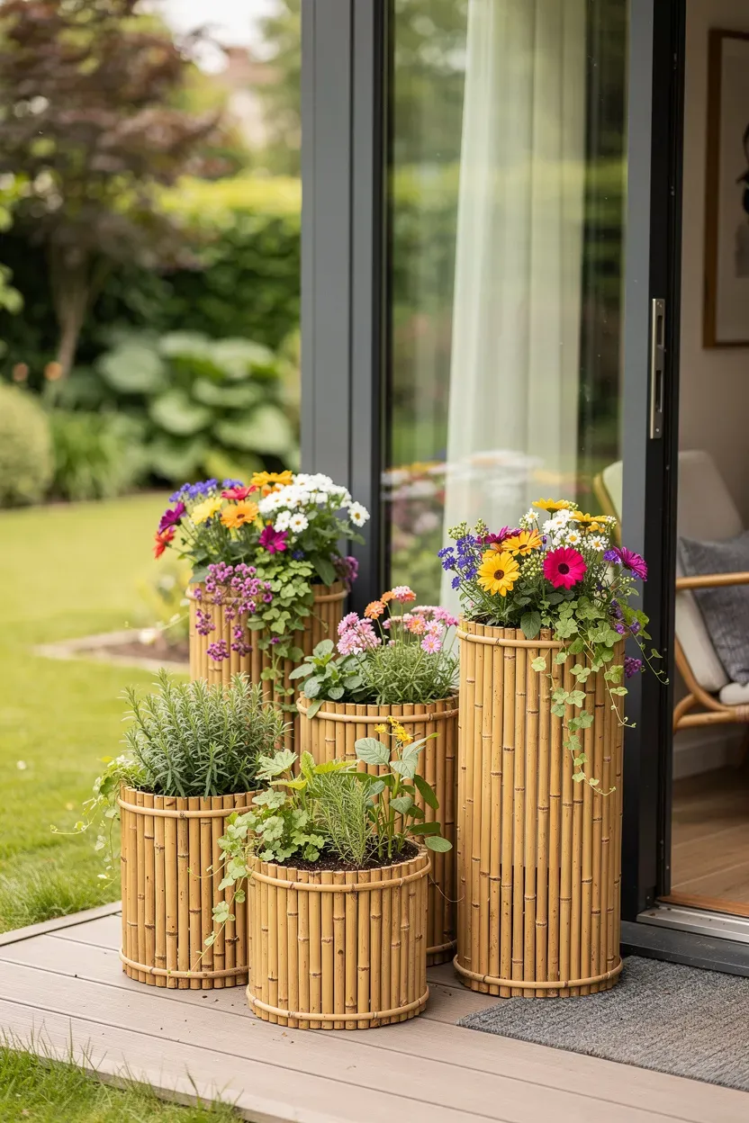 Bamboo planters with vibrant flowers creating a seamless transition to the outdoors.