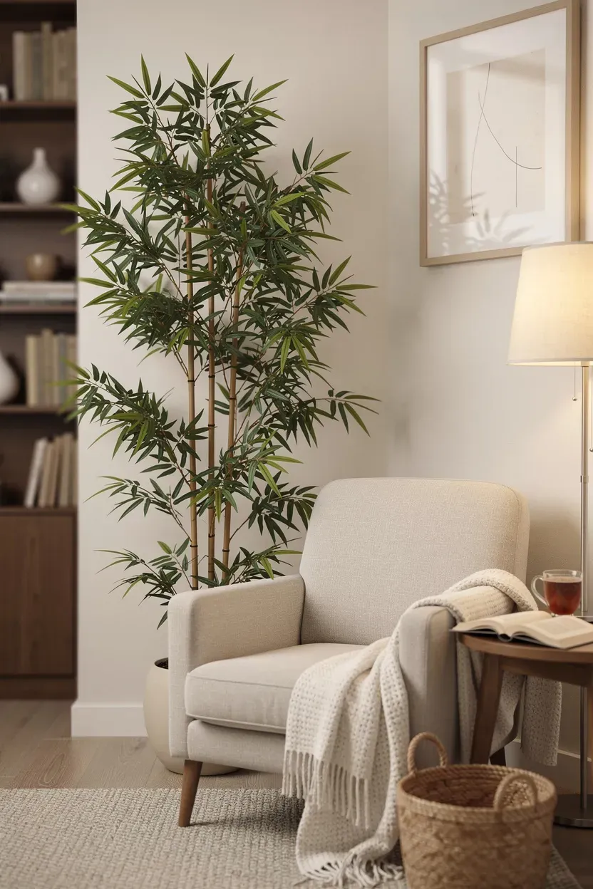 A tall bamboo plant beside a cozy chair in a tranquil reading nook.
