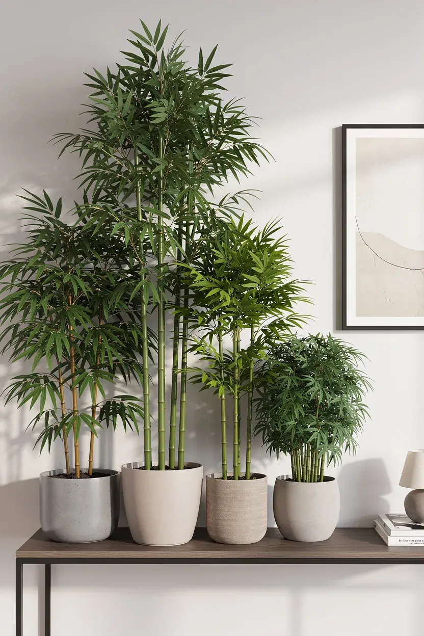 An artistic display of grouped bamboo plants in varying heights and textures.