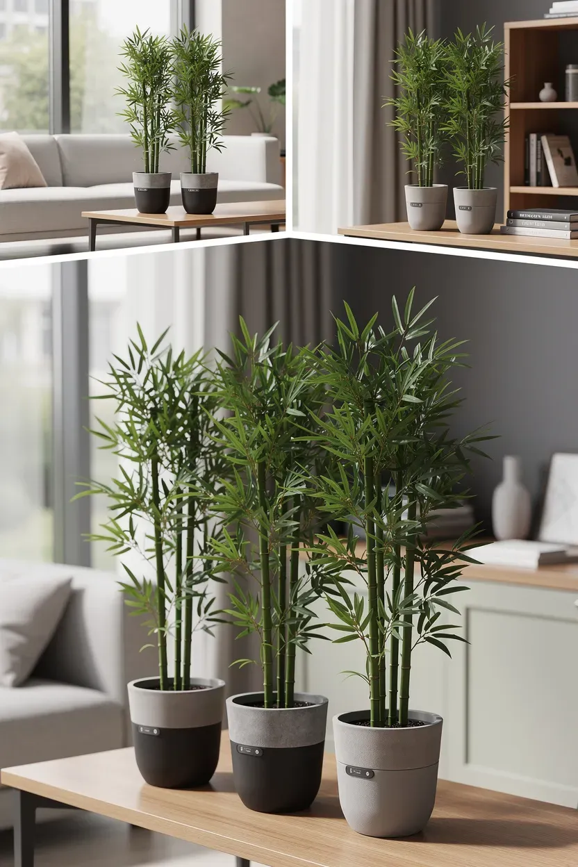 Bamboo plants in self-watering pots arranged in various indoor settings.