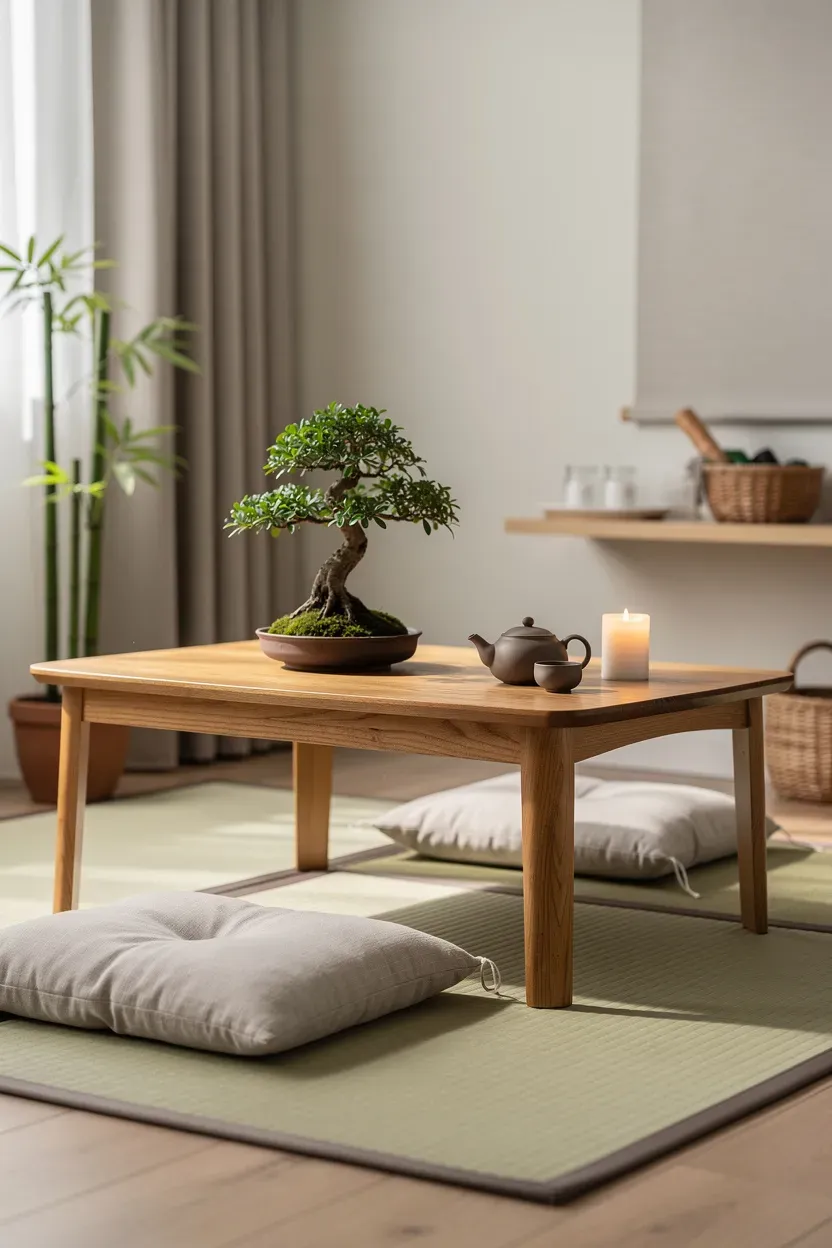 A tranquil Zen corner with a small table and meditation mat.