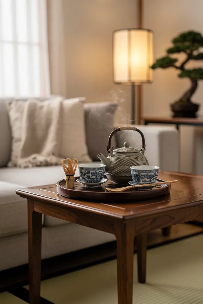 A beautifully arranged Japanese tea set on a side table.