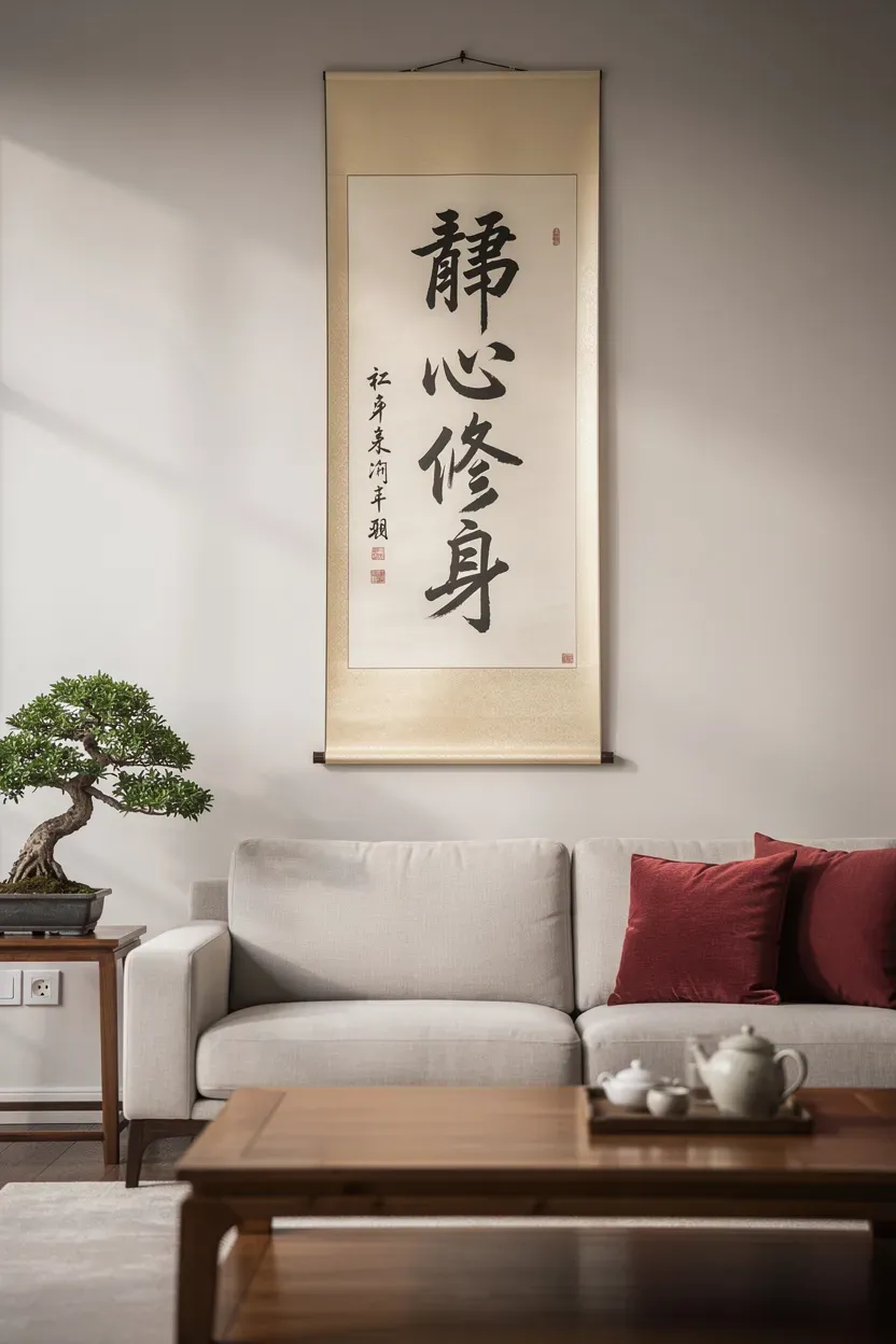 A striking Chinese calligraphy scroll elegantly hung on a wall.