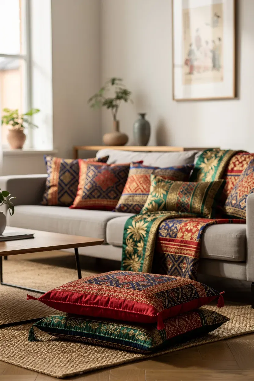 A cozy living space adorned with Asian-inspired textiles.