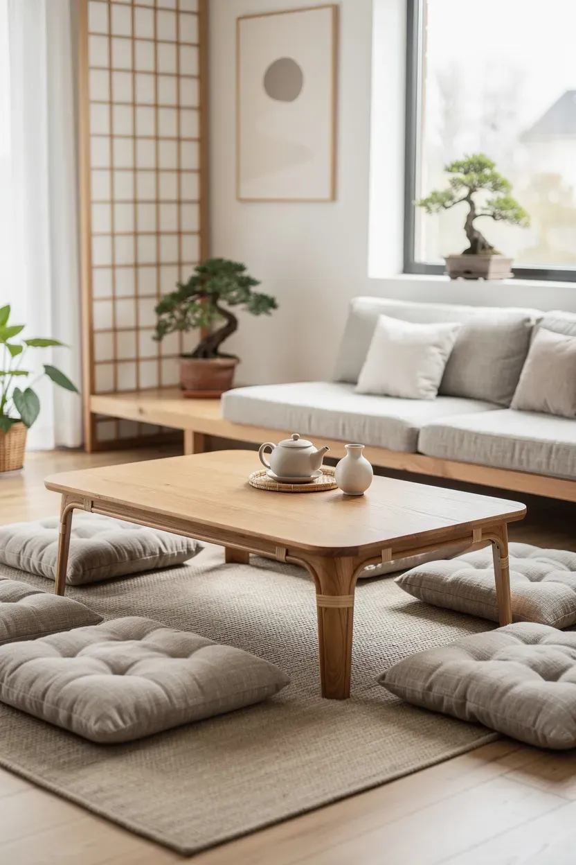 A stylish low coffee table surrounded by floor cushions.