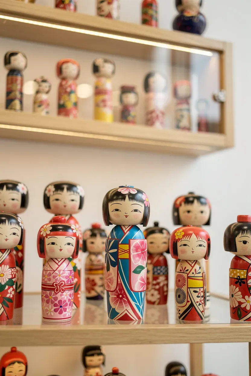 A charming display of traditional Japanese Kokeshi dolls on shelves.