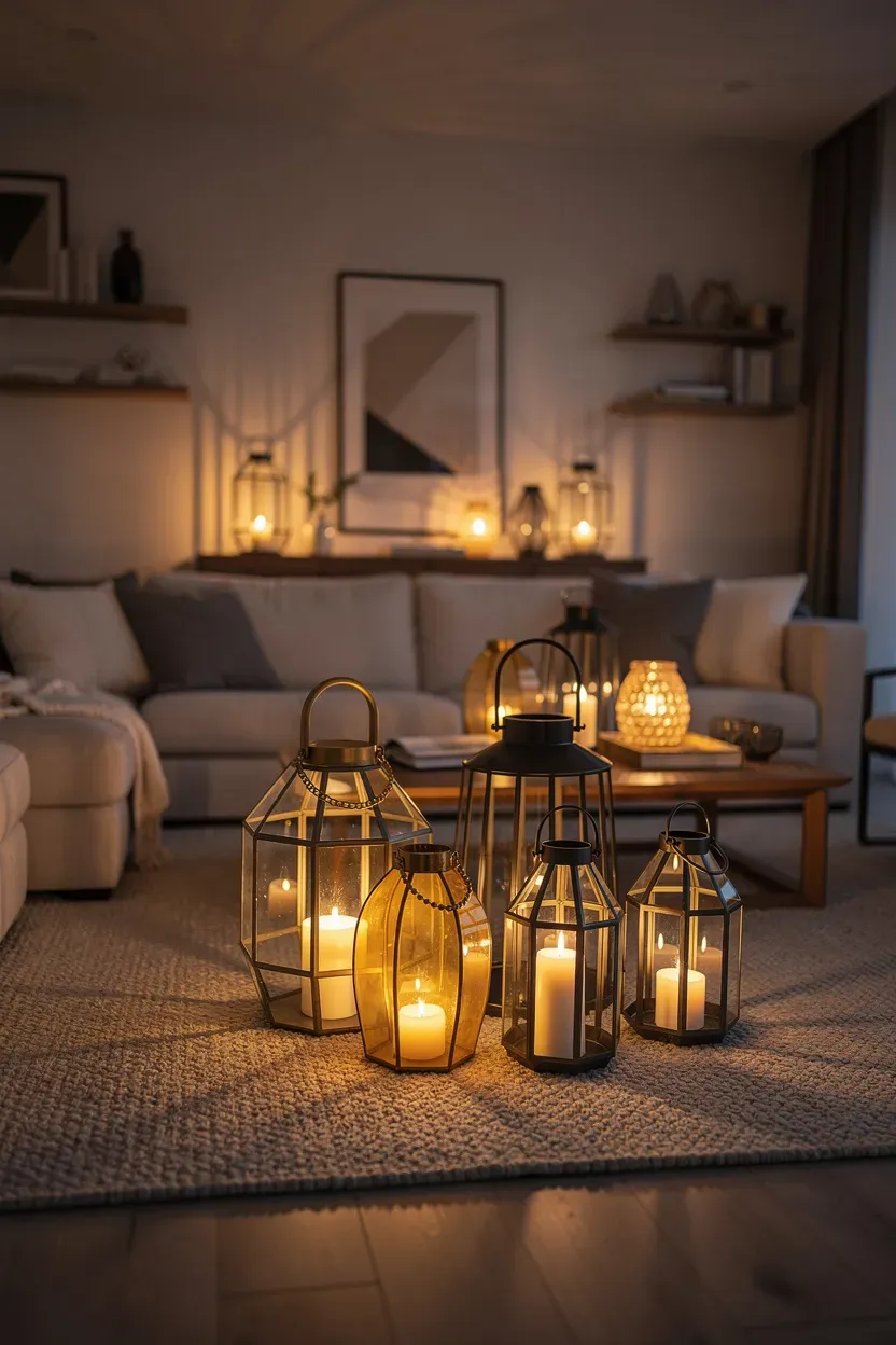 A cozy living room filled with ambient lighting from decorative lanterns.