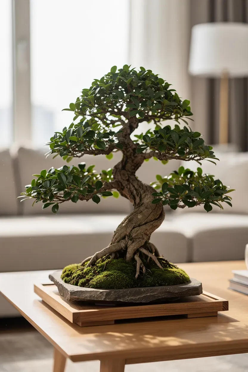 A beautifully maintained bonsai tree as a centerpiece in a living room.
