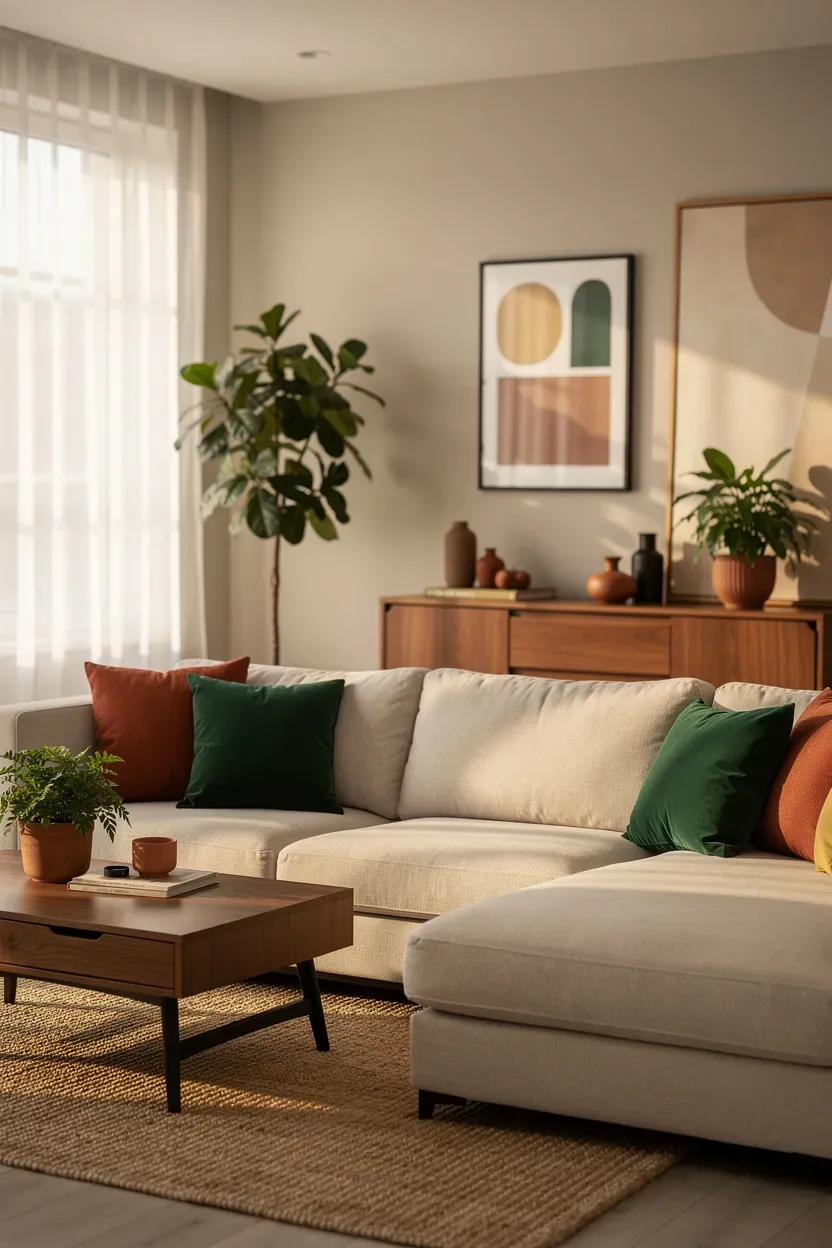 A modern living space featuring an earthy color palette and vibrant accents.