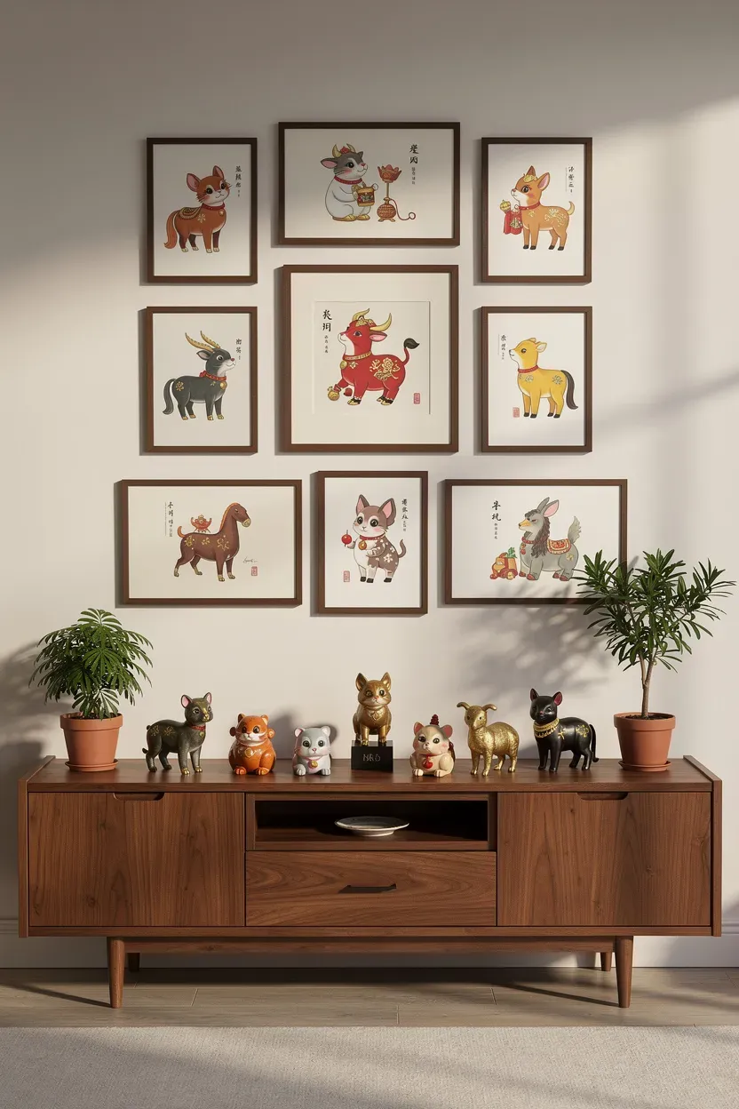 A decor setup reflecting the Chinese zodiac theme with artwork and figurines.
