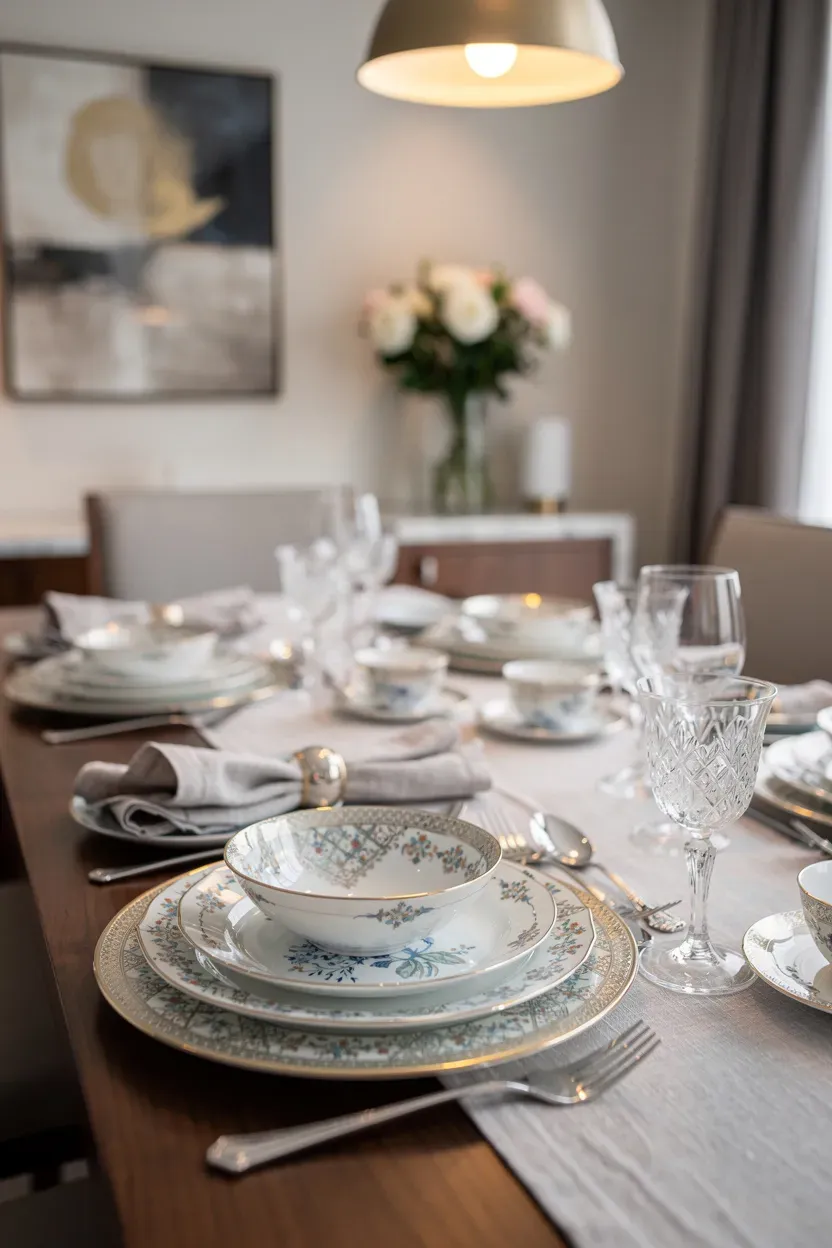 A beautifully arranged table setting featuring elegant porcelain dishes.