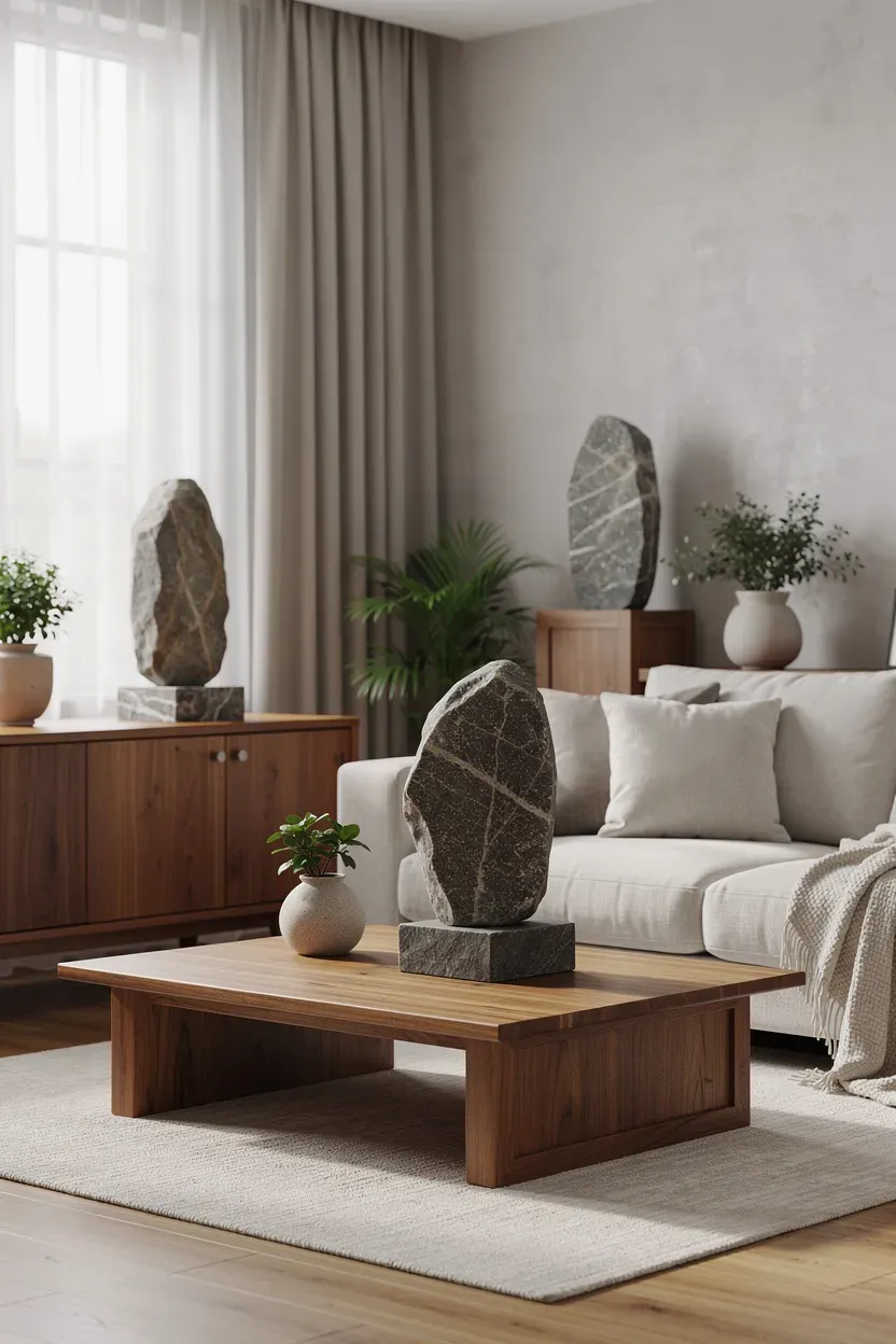 A stylish living room featuring natural elements like stone sculptures and wooden furniture.