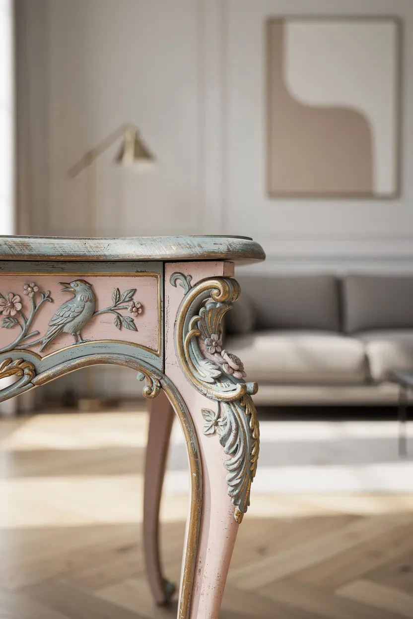 A beautifully crafted French Chinoiserie console table with intricate carvings.