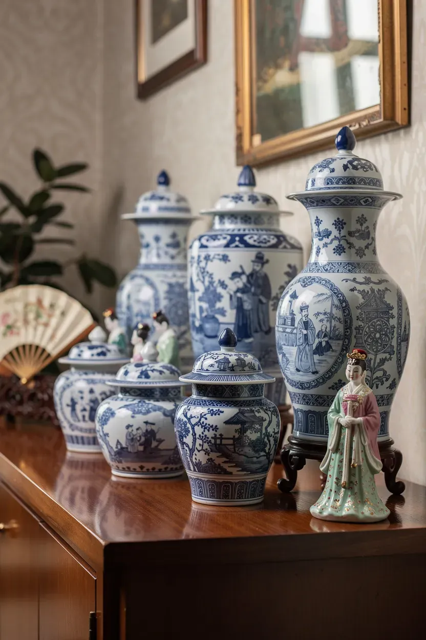 A display of vintage Chinoiserie decorative objects like vases and figurines.