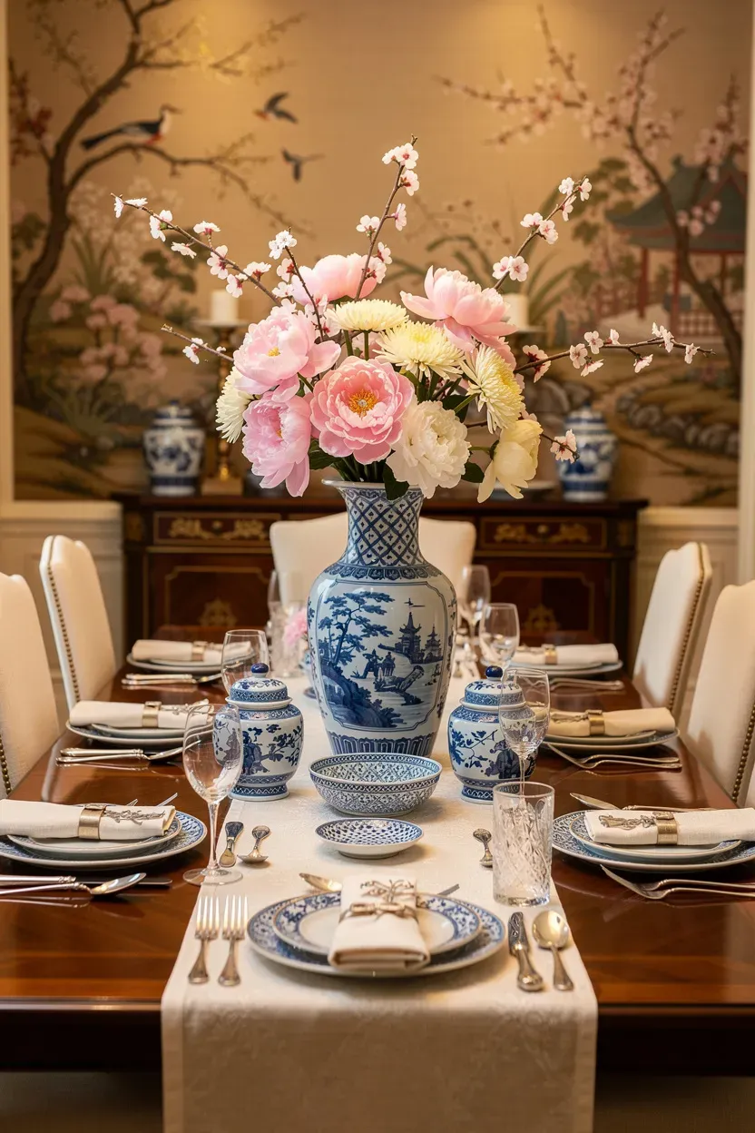 A Chinoiserie-themed dining room centerpiece with a vase of flowers.
