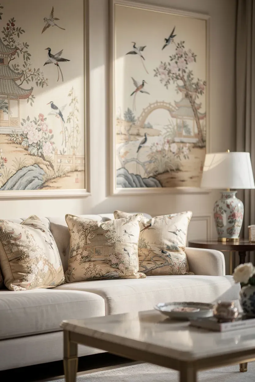 Chinoiserie-style accessories like decorative pillows and wall art in a living space.