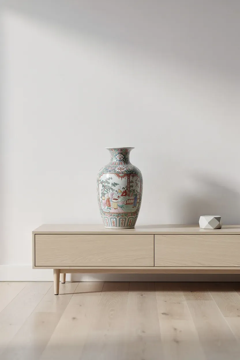A minimalist room featuring a single Chinoiserie vase as a focal point.