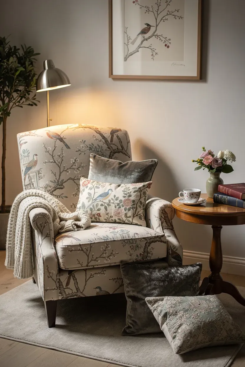 A cozy reading nook featuring a chair upholstered in Chinoiserie fabric.