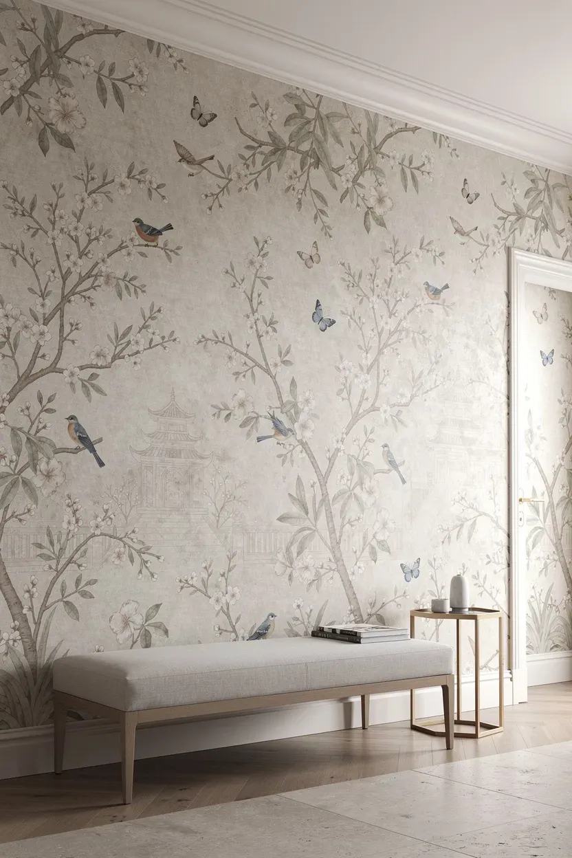 A wall featuring Chinoiserie painting techniques with intricate patterns.