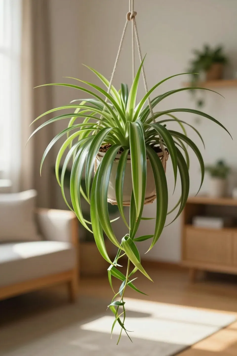 Photorealistic image of a spider plant in a cozy home setting.