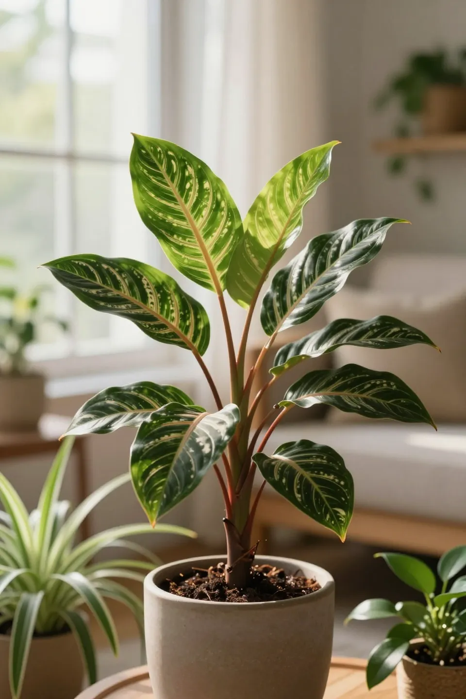 A close-up of a Calathea plant showcasing its patterned leaves in a bright indoor setting.