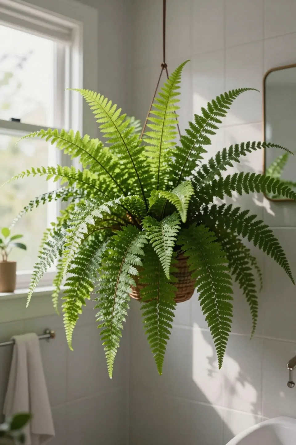 A Boston fern displayed in a stylish bathroom, illustrating its lush fronds and pet-safe qualities.
