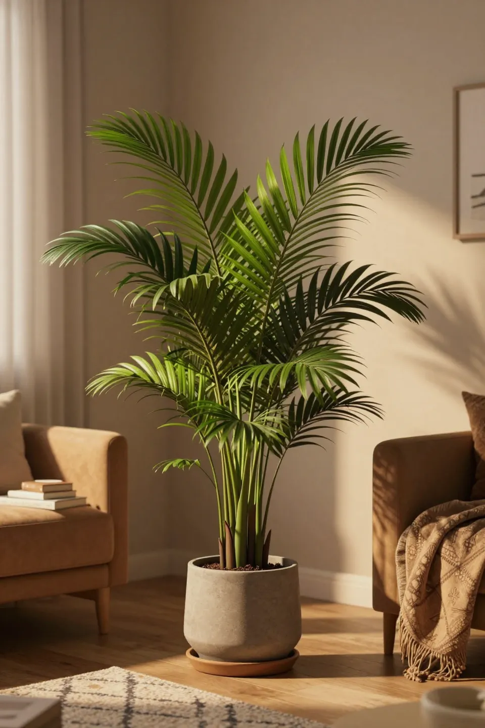 A Parlor Palm positioned in a cozy apartment corner, showcasing its pet-friendly nature and aesthetic appeal.
