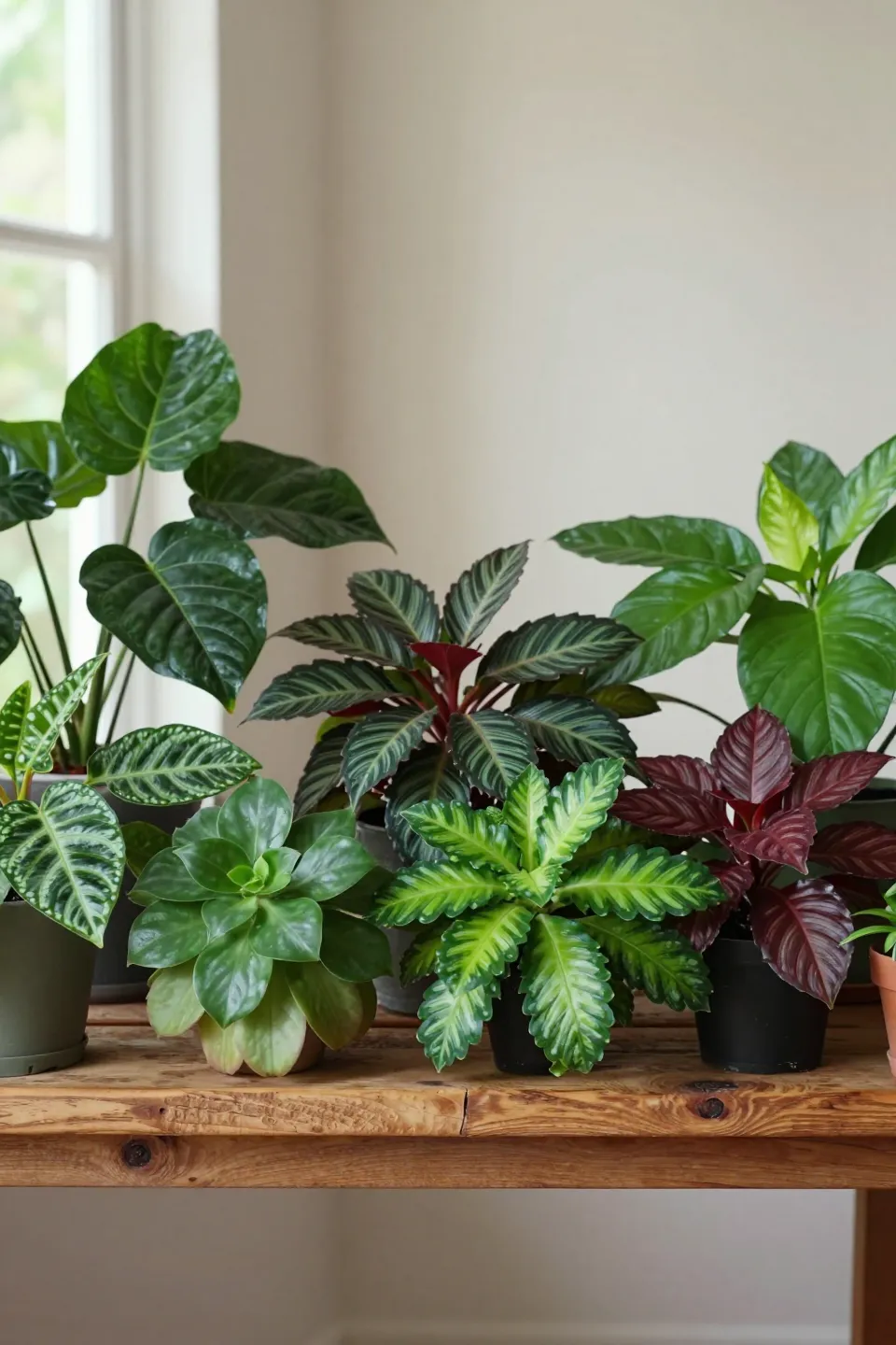 A vibrant display of various Peperomia plants on a rustic wooden shelf.