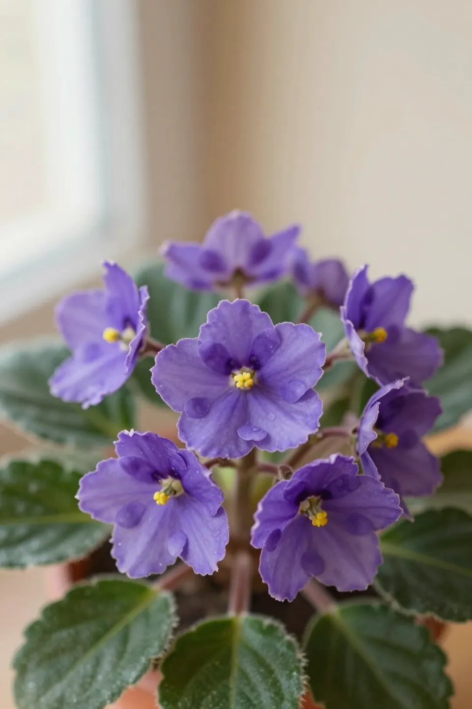 Close-up of a blooming African Violet with delicate flowers and velvety leaves.